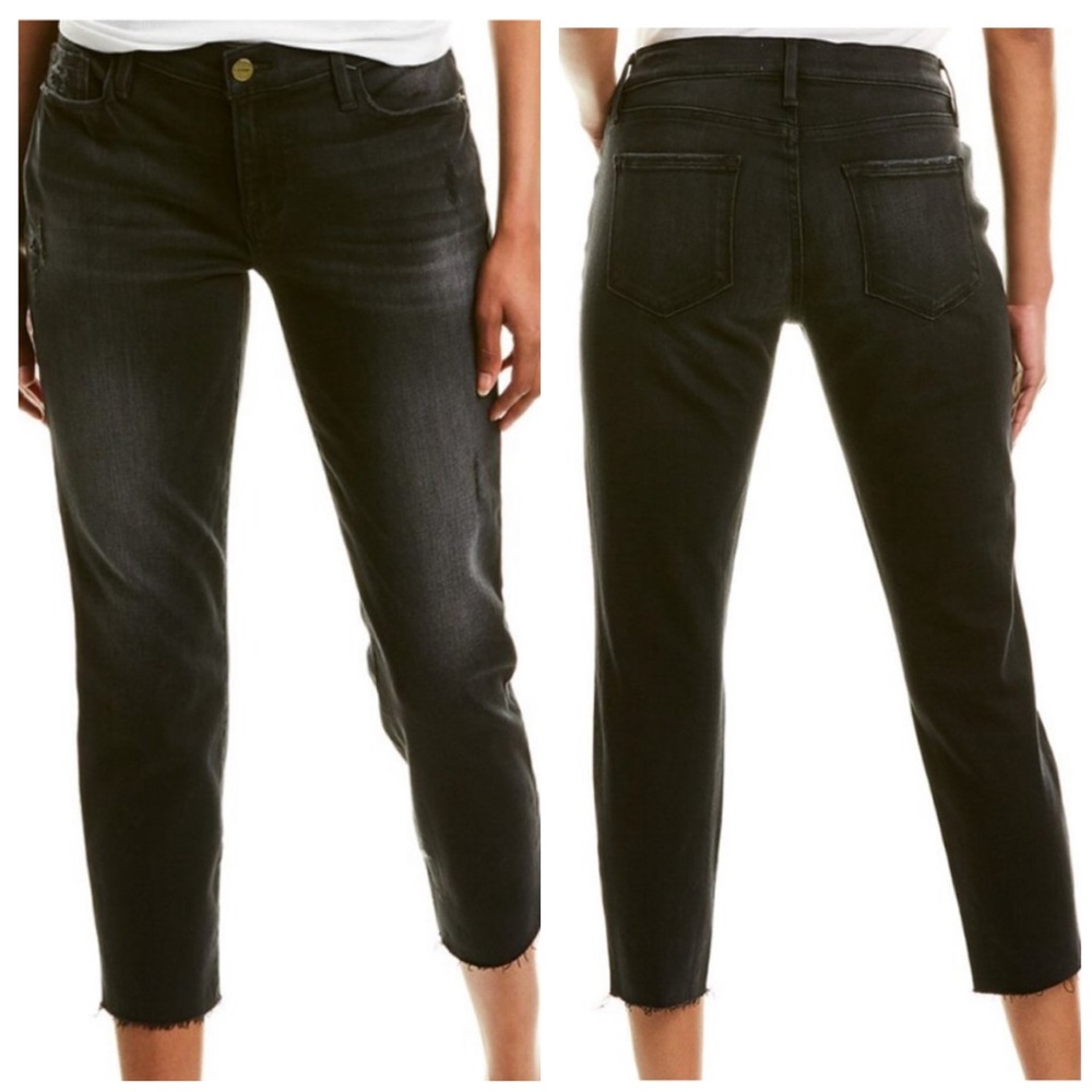 FRAME DENIM LE GARÇON CROP JACQUELINE BLACK DISTRESSED JEANS 25